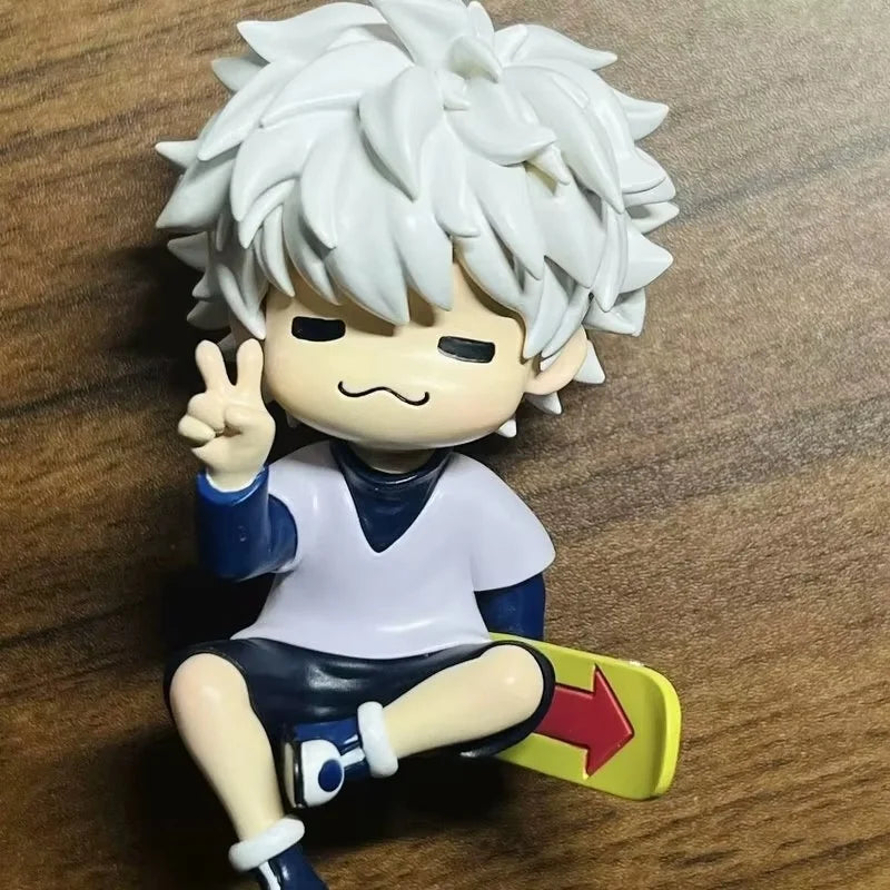 Hunter Hunter Killua Zoldyck Q Version Sitting Figure Cute Peace Sign Pose With Skateboard Base PVC Anime Figurine Desktop Decor