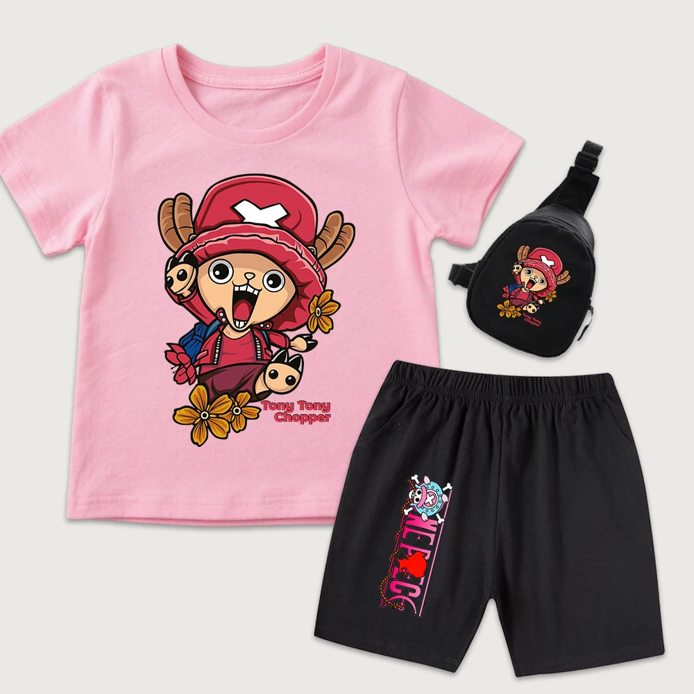 One Piece Chopper Anime Print Kids Cotton T Shirt Shorts Mini Chest Bag 3 Piece Set Boys Girls Casual Outfit
