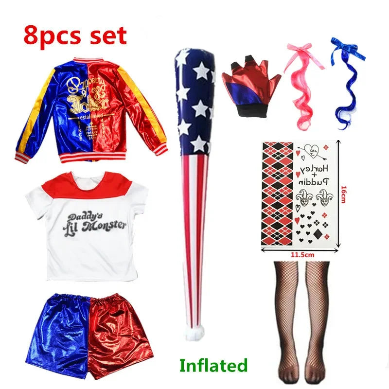 Costume de carnaval Harleen Quinzel pour femmes et filles, T-shirts, veste supérieure avec perruque