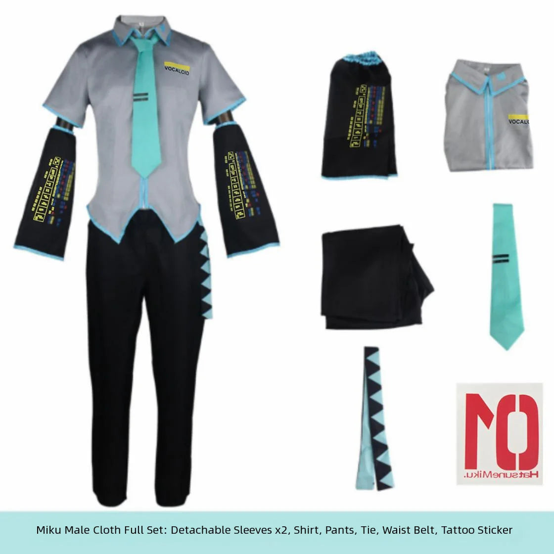 Miku VOCALOID Cosplay Costume - Silver Patent Leather Dress with Blue Tie & Black Bell Sleeves, Anime Halloween