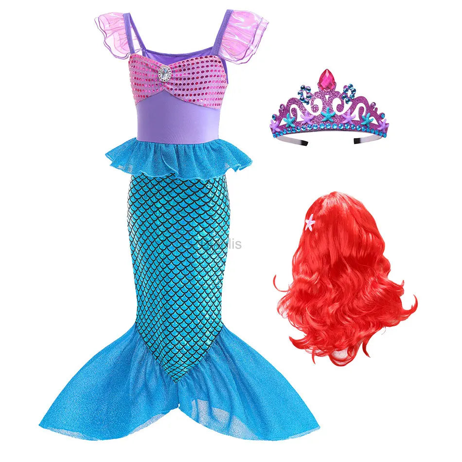 Little Mermaid Ariel Costume Princess Dress for Girls Short Sleeve Tulle Cosplay Halloween Carnival Birthday Party Clothes