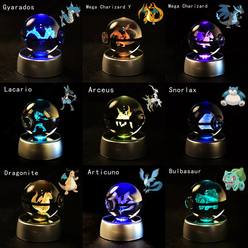 3D Pokemon Crystal Ball 5CM Mewtwo Pikachu Gengar Crystal Glass Pokemon Ball Pokeball Figure Night Light LED Lamp Base Gift
