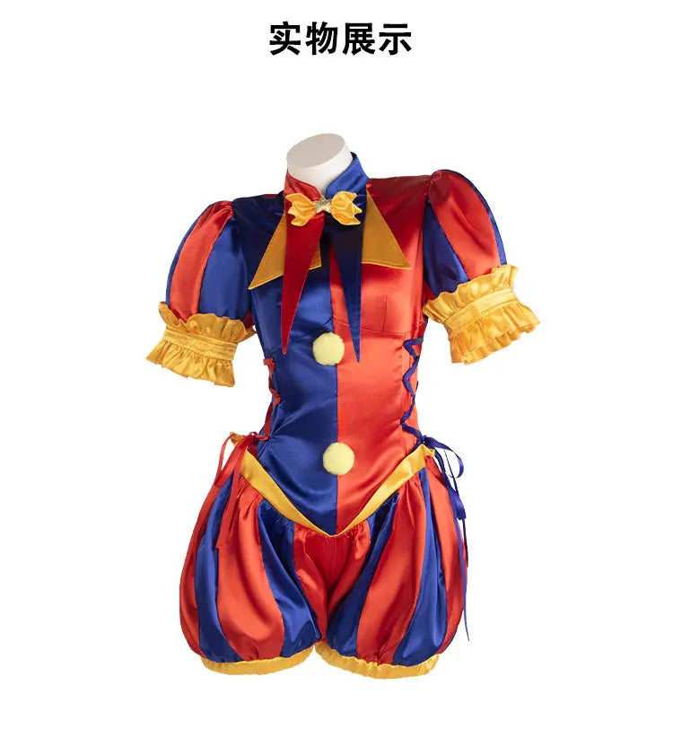 Pomni's Same Satin Red Blue Color Blocked Clown Jumpsuit with Bubble Sleeves and Ruffled Edges, Court Set for Halloween Party