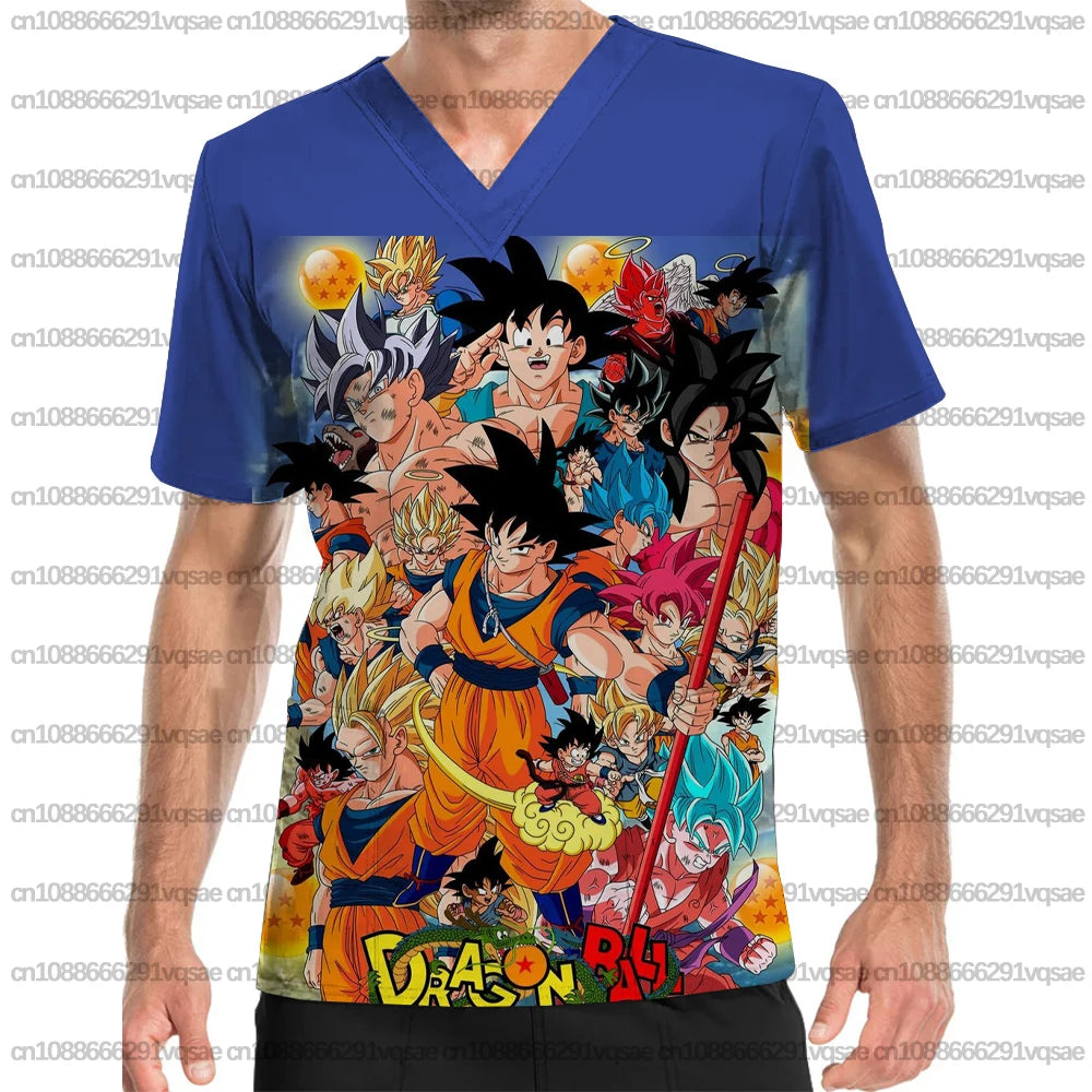 Summer Men's Surgical Gown with Dragon Ball Anime Print, V-Neck Nurse Uniform Top with Pockets, Medical Clothing