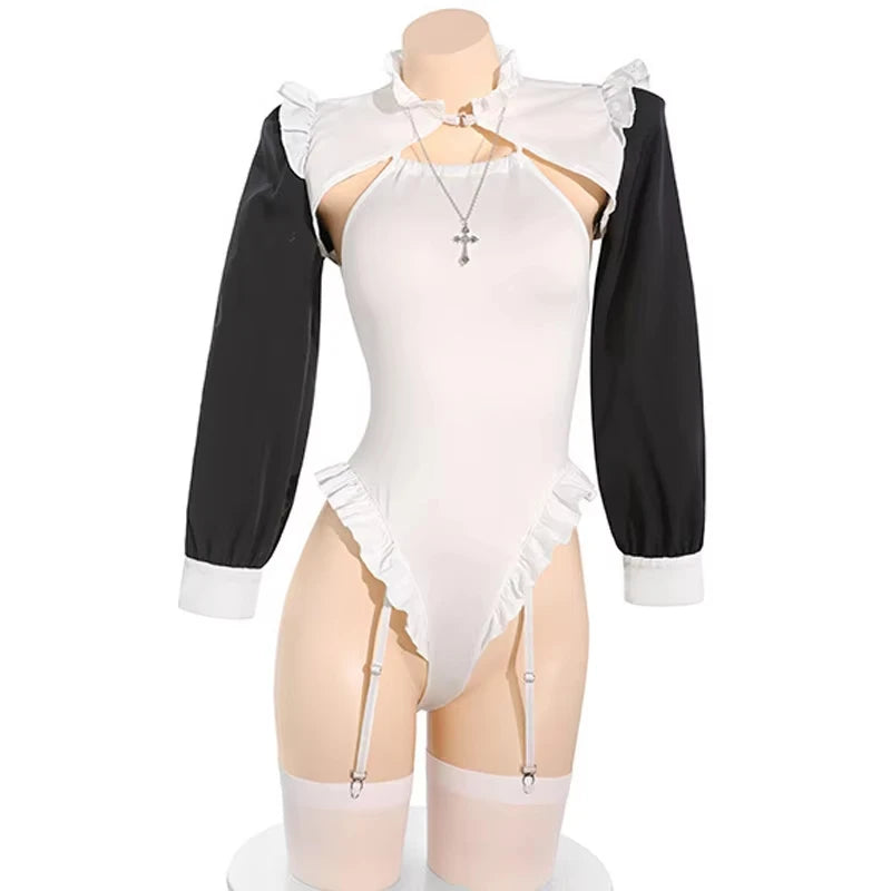 Anime Convent Nun Cosplay Costume Sexy Maid Bodysuit Garter Stockings Outfit Role Play Lingerie Halloween Costumes