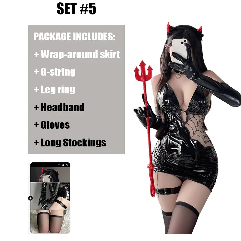 Halloween Costumes Seductive Witch Spider Women Sexy Cosplay Lingerie PU Faux Leather Bodycon Dress Tight Hip Stocking Outfit
