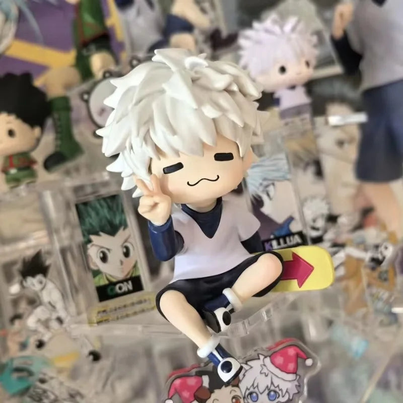 Hunter Hunter Killua Zoldyck Q Version Sitting Figure Cute Peace Sign Pose With Skateboard Base PVC Anime Figurine Desktop Decor