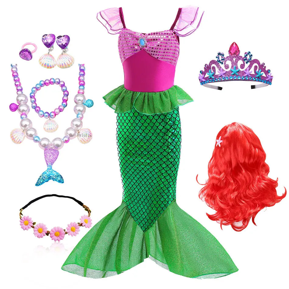 Little Mermaid Ariel Costume Princess Dress for Girls Short Sleeve Tulle Cosplay Halloween Carnival Birthday Party Clothes