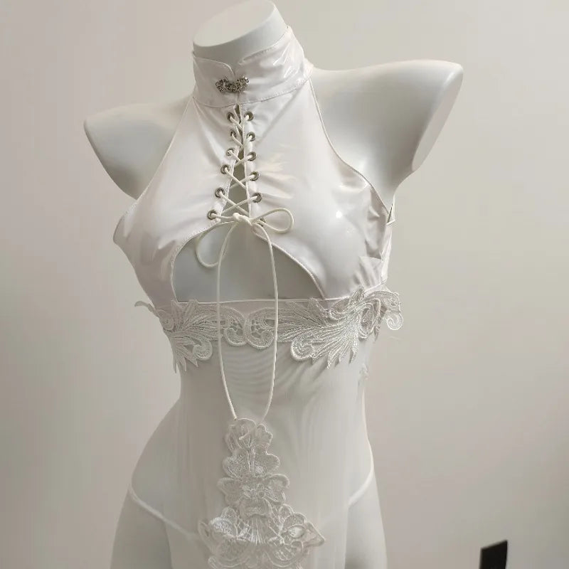 Hollow Out Anime Cosplay Costume Women Erotic Halloween demon cosplay PU Leather Lingerie Embroidery Print Cheongsam Long Dress