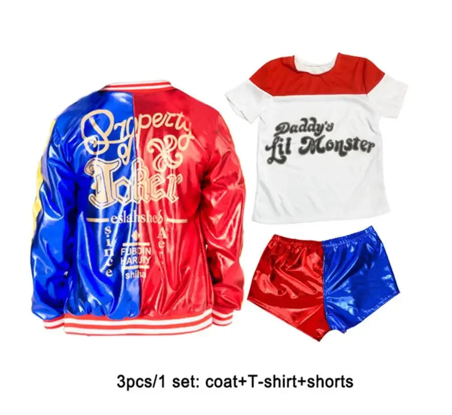Meisjes Vrouwen Zelfmoord Harley Cosplay Kostuums Squad Quinn Monster Gestikte Jas Broek Sets Halloween Anime Kostuum Korte