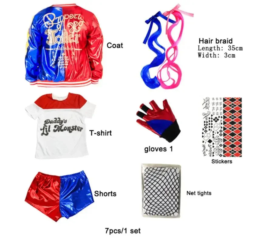 Meisjes Vrouwen Zelfmoord Harley Cosplay Kostuums Squad Quinn Monster Gestikte Jas Broek Sets Halloween Anime Kostuum Korte