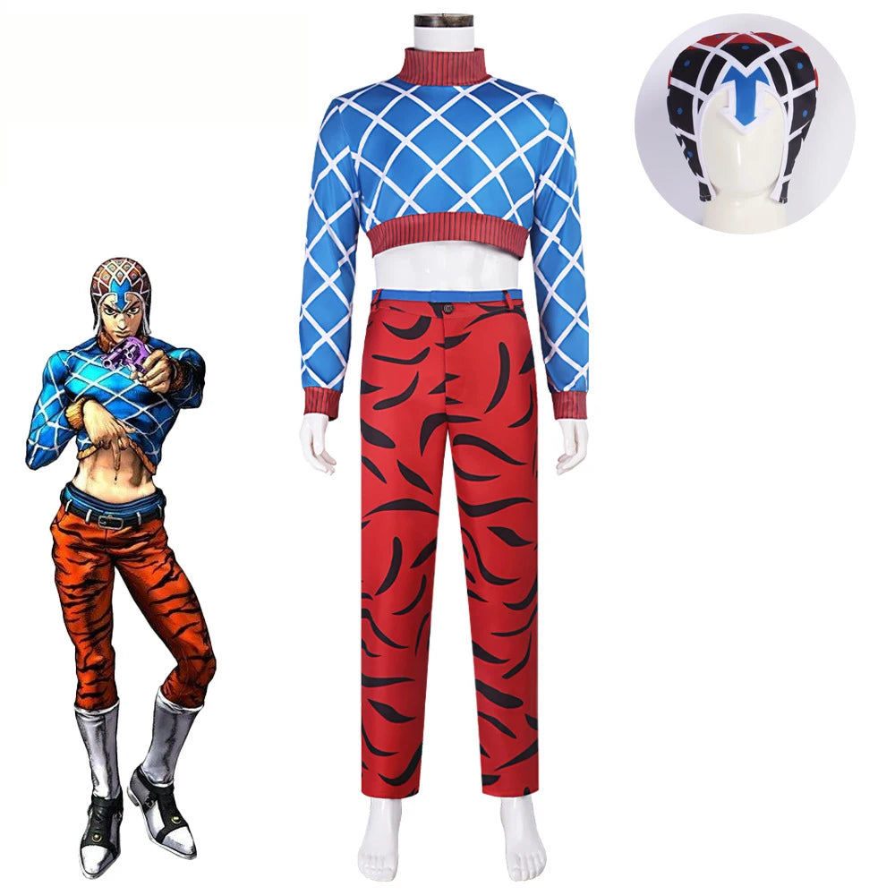 Anime Guido Mista Cosplay Costume Jojo Blue Top Red Pants Halloween Carnival Cosplay Guido Mista Customized Clothes