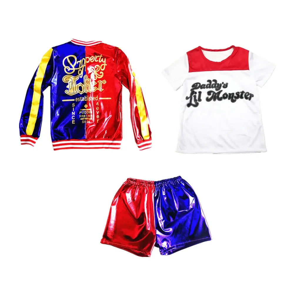 Costume de carnaval Harleen Quinzel pour femmes et filles, T-shirts, veste supérieure avec perruque