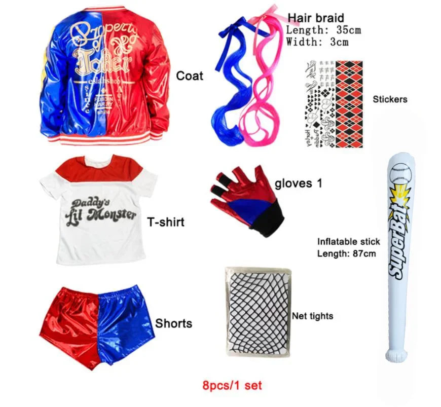 Meisjes Vrouwen Zelfmoord Harley Cosplay Kostuums Squad Quinn Monster Gestikte Jas Broek Sets Halloween Anime Kostuum Korte