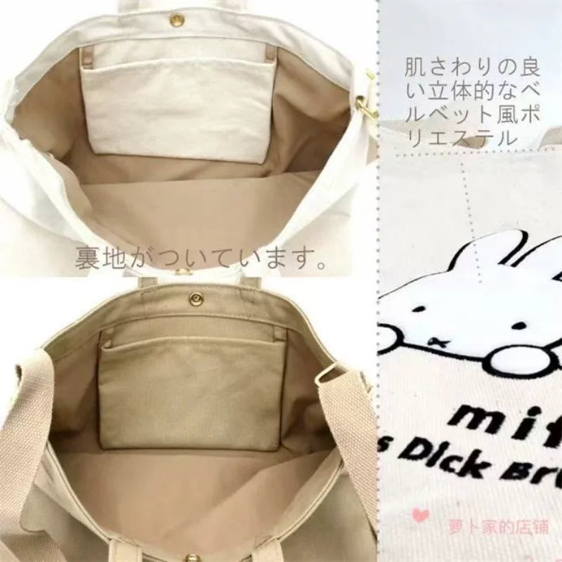 Kawaii Anime Miffy Canvas Bag Large Capacity One-shoulder Zipper Tote Bag Cute Student Travel Portable Schoolbag Christmas Gifts