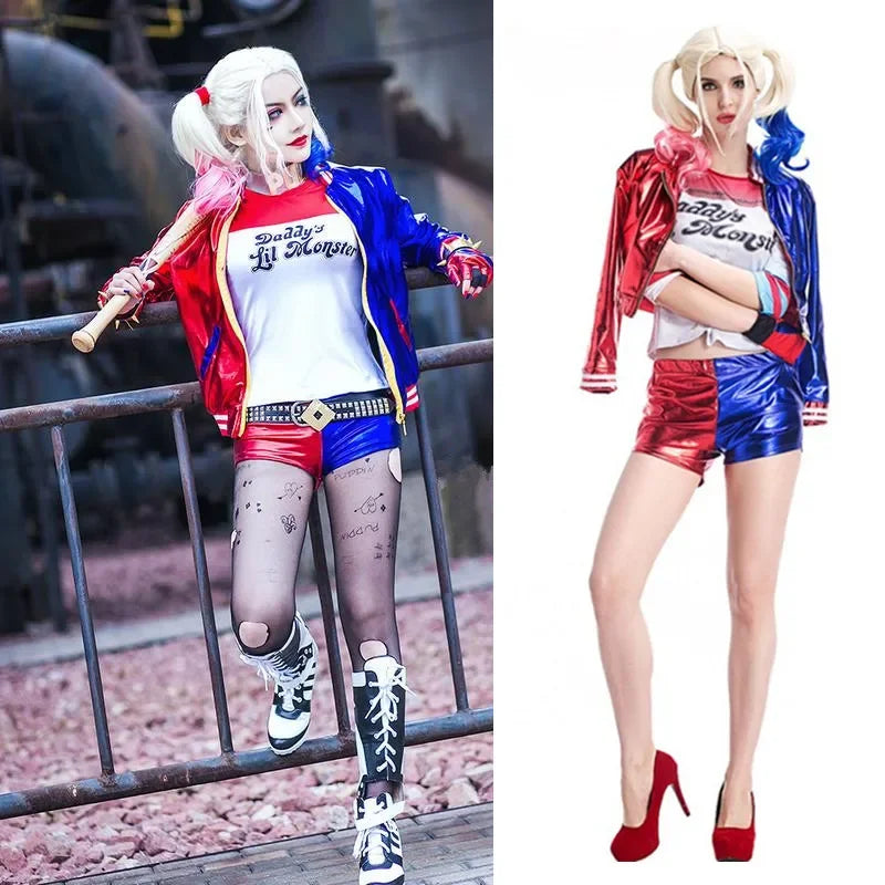 Costume de carnaval Harleen Quinzel pour femmes et filles, T-shirts, veste supérieure avec perruque