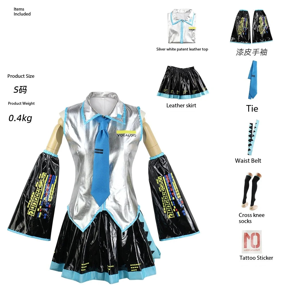 Miku VOCALOID Cosplay Costume - Silver Patent Leather Dress with Blue Tie & Black Bell Sleeves, Anime Halloween