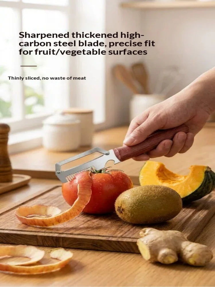 3‑in‑1 Multifunctional Vegetable Peeler Stainless Steel Fruit Slicer Wooden Handle Kitchen Gadget For Potato Onion