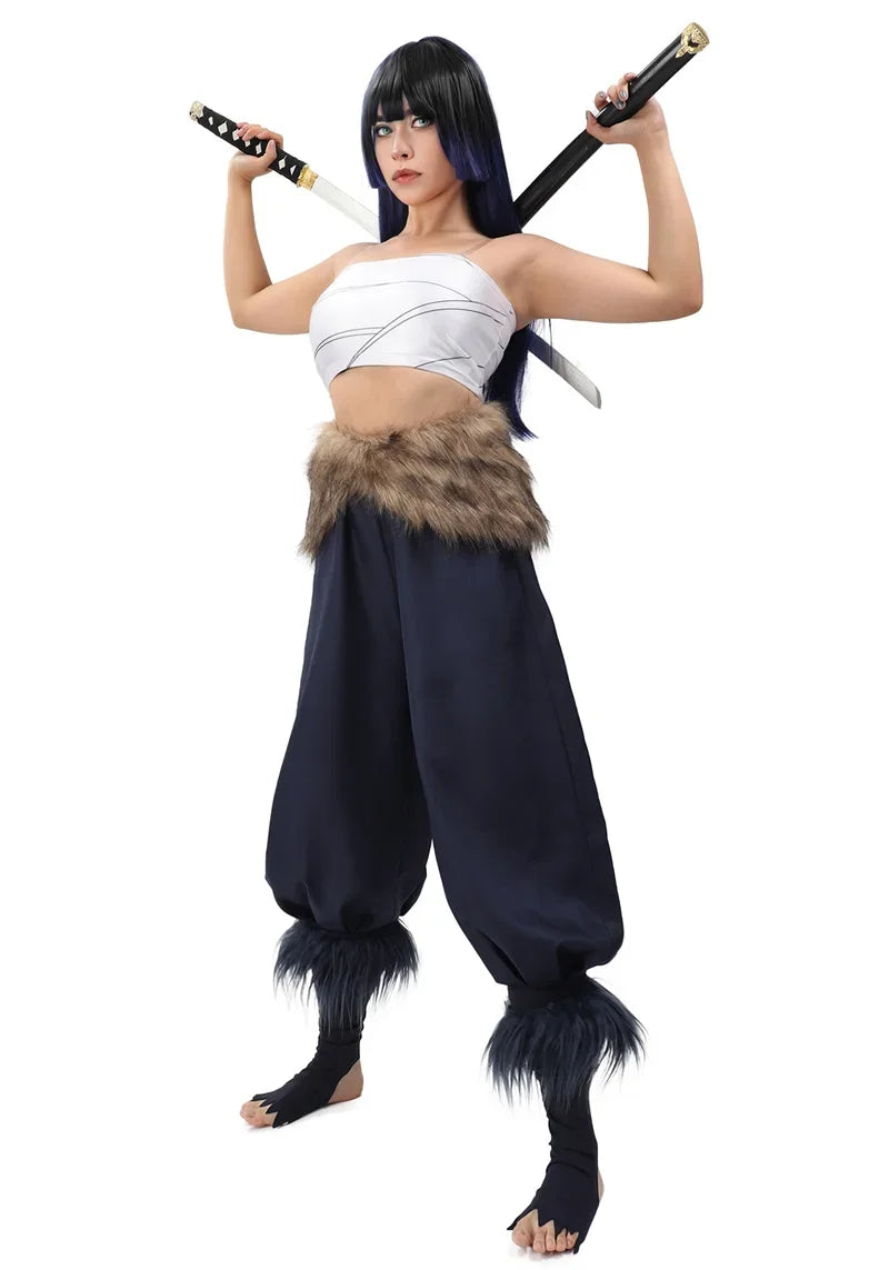 Women's Hashibira Inosuke Cosplay Costume Tops Pants Fake Fur Apron and Fake Fur Leg Accessory for Halloween