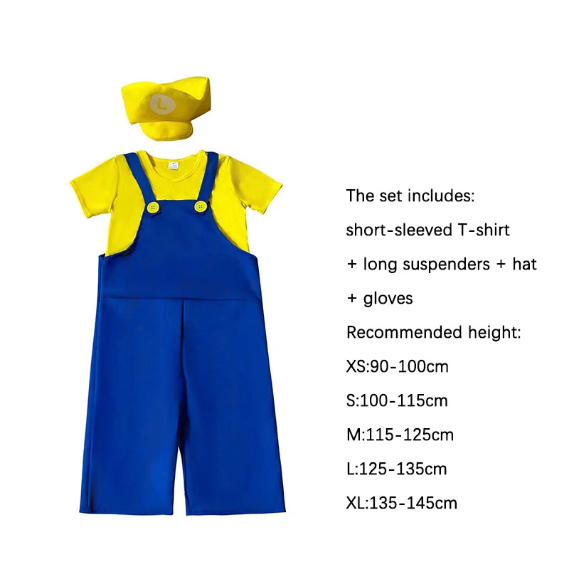 Game Super Brother Marios Luigi Bros Cosplay Costumes Short-sleeved T-shirt Overalls Suit Man Kids Carnival Halloween Costumes