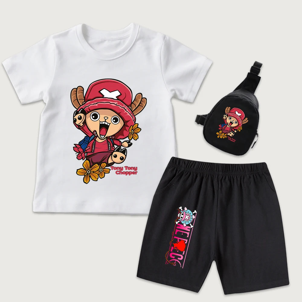 One Piece Chopper Anime Print Kids Cotton T Shirt Shorts Mini Chest Bag 3 Piece Set Boys Girls Casual Outfit