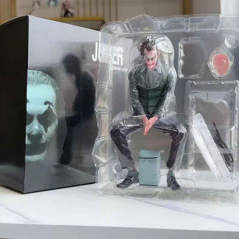 New 16cm Joker Heath Ledger Action Figure Sitting Green Suit Handheld Joker Mask Doll Desktop Decoration Model Toys Gifts
