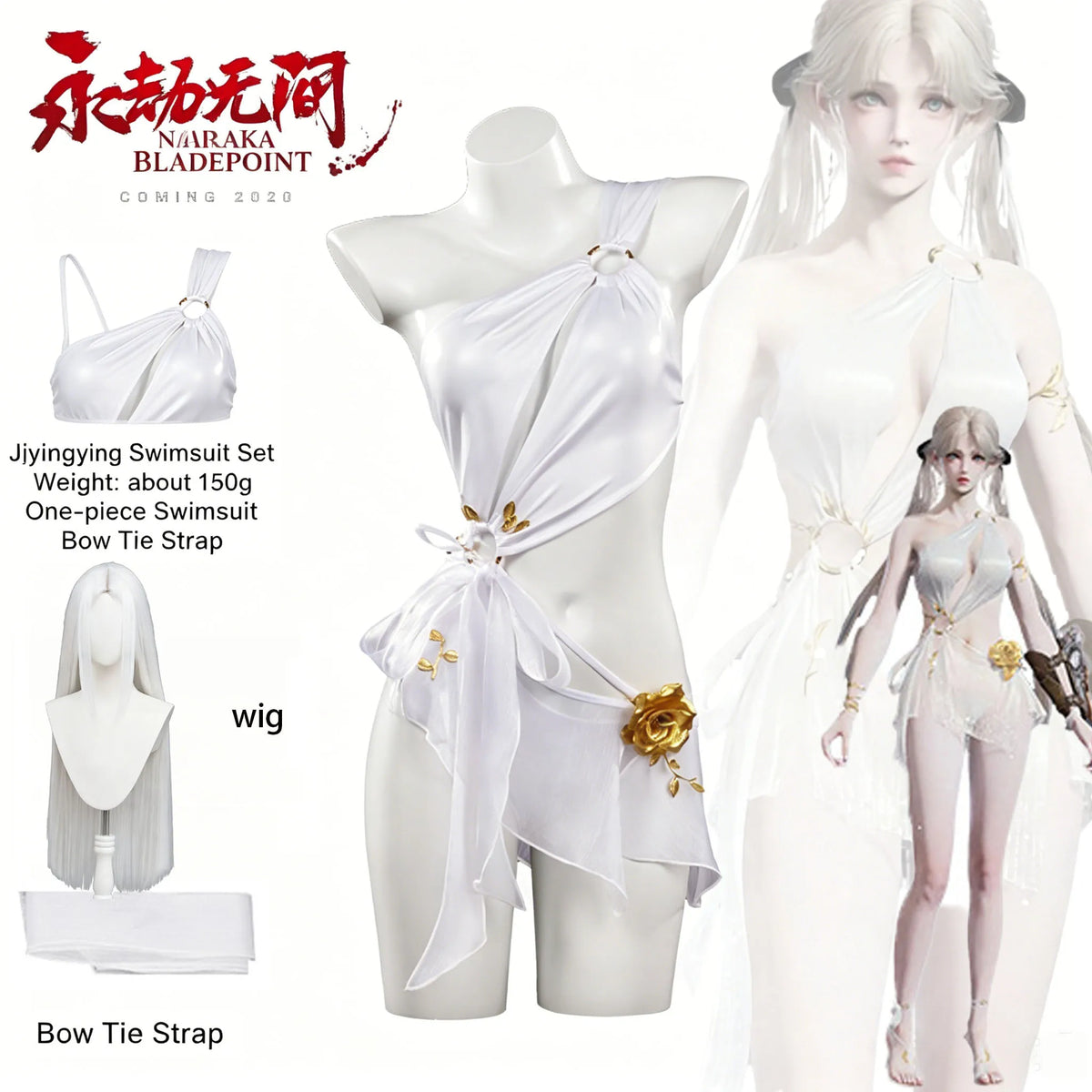Naraka Bladepoint Ji Yingying White Swimsuit Cosplay Outfit Women One Piece Bathing Suit Wig Full Set Game Costume