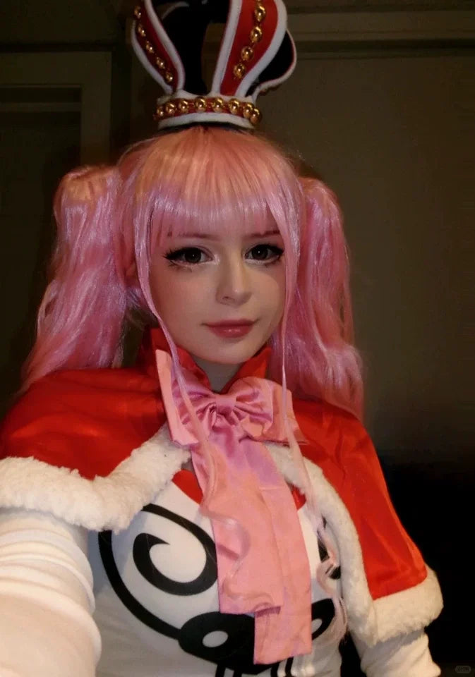 Perona Cosplay Costume-Ghost Princess Red Velvet Skirt&White Top Set with Pink Bow Cape, Perfect for Anime Conventions&Themed