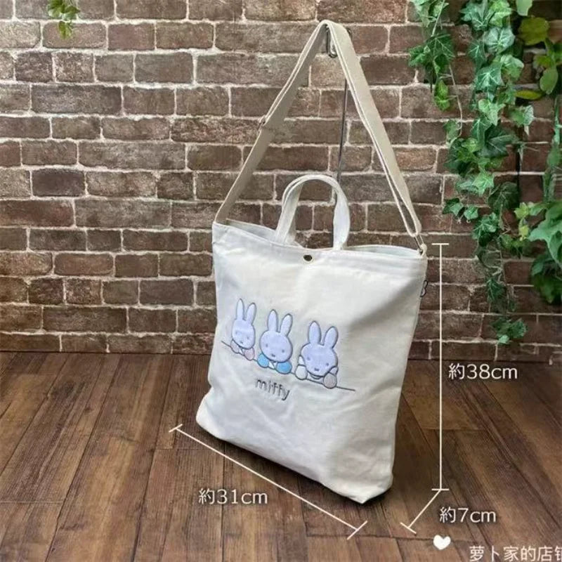 Kawaii Anime Miffy Canvas Bag Large Capacity One-shoulder Zipper Tote Bag Cute Student Travel Portable Schoolbag Christmas Gifts