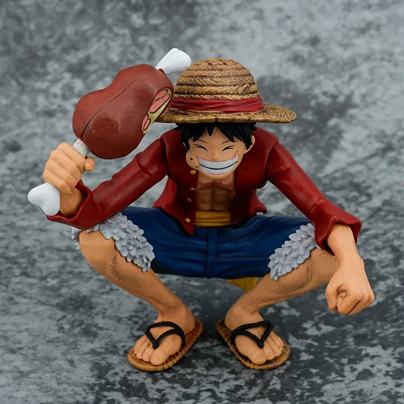 One Piece Straw‑Hat Luffy Collectible Figure, Squat Pose With Meat Bone PVC Statue Model, Desktop Decor, Anime Fan Gift