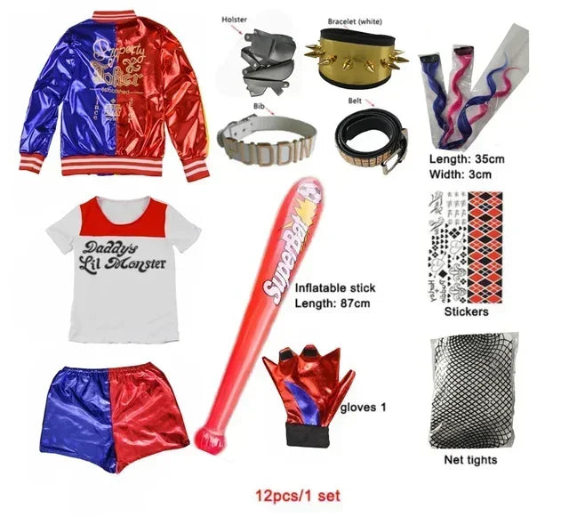 Harley Costumes Cosplay Suicide Quinzel Kids Girls Quinn Squad T Shirt Joker Jacket Halloween Costume