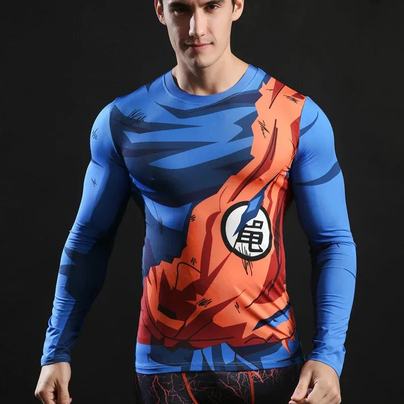 Bandai Dragon Ball Z Goku Battle-damaged Suit Cosplay Costume Anime Adult Kids Long Sleeve Compression Dry Fit T-Shirt Summer