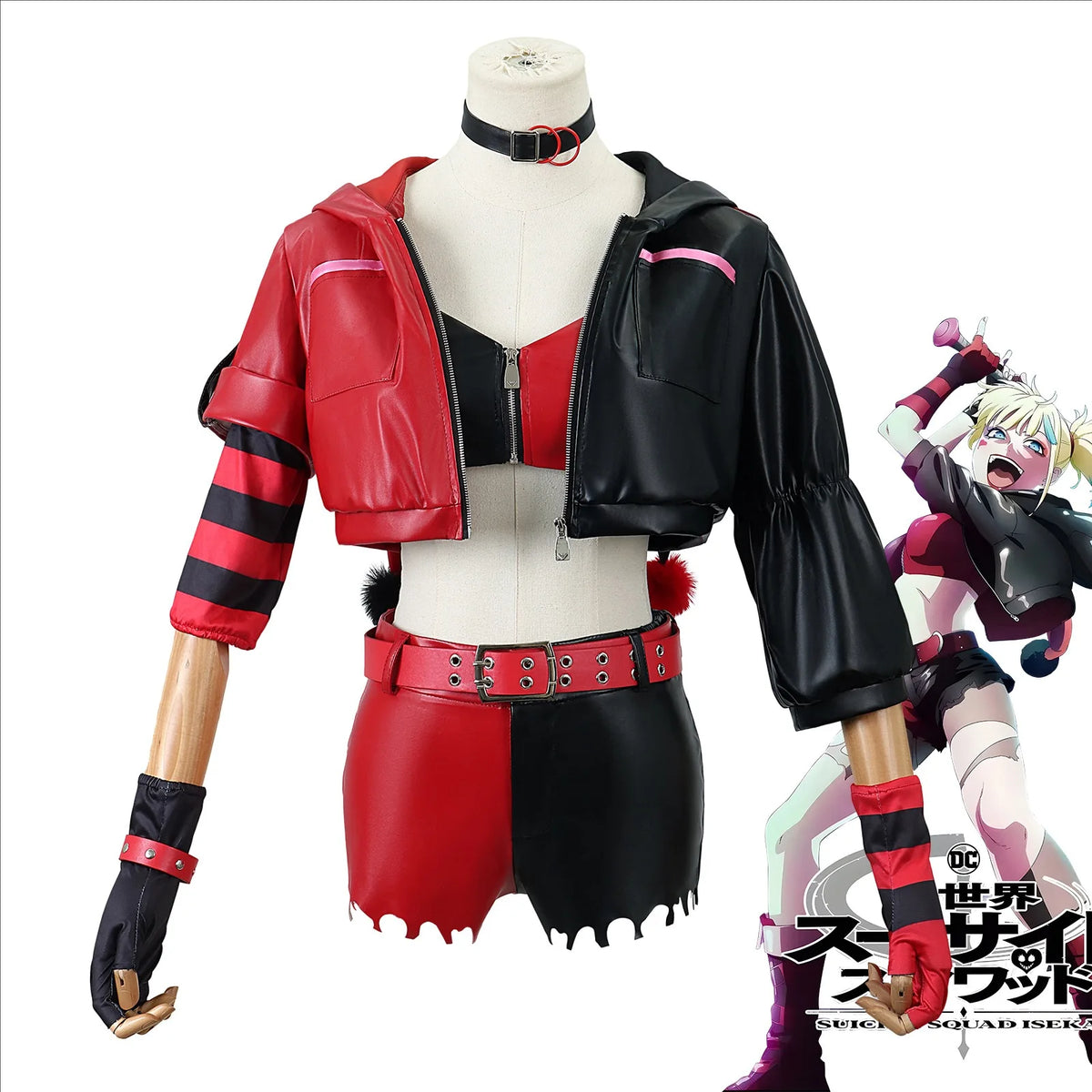 Suicide Anime Quinn Cosplay Costume Wig Faux Leather Jacket With Hats Shorts Bra Choker Gloves Belt Daily Wear Halloween