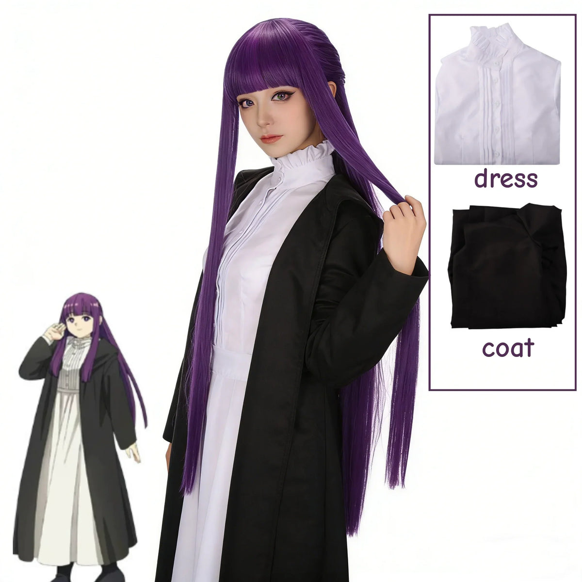 2026 Frieren Fern Cosplay Costume Purple Wig White Long Dress Black Coat Jacket Full Set Uniform Halloween Comic Con Outfits