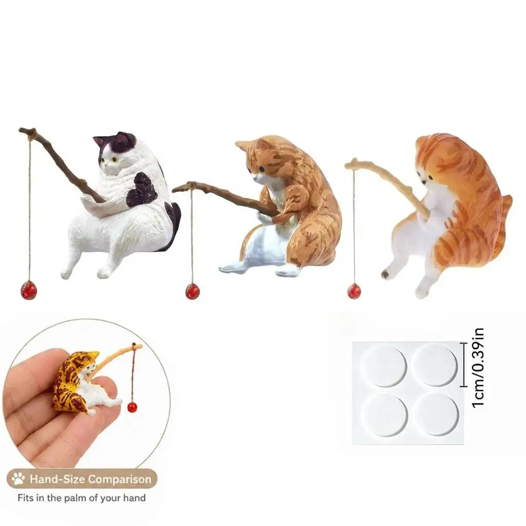 10 Cat Figures PVC Mini Cat Figurines Kitten Animal Miniatures with Fishing Kit for Desk Shelf Cake Micro Landscape Decoration