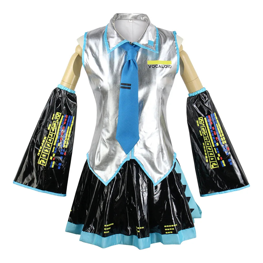 Miku VOCALOID Cosplay Costume - Silver Patent Leather Dress with Blue Tie & Black Bell Sleeves, Anime Halloween