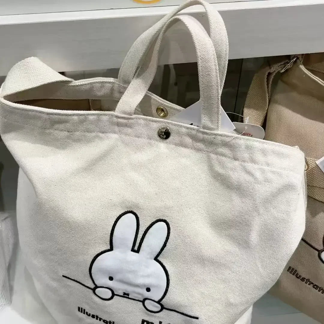 Kawaii Anime Miffy Canvas Bag Large Capacity One-shoulder Zipper Tote Bag Cute Student Travel Portable Schoolbag Christmas Gifts