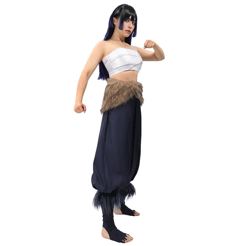 Women's Hashibira Inosuke Cosplay Costume Tops Pants Fake Fur Apron and Fake Fur Leg Accessory for Halloween