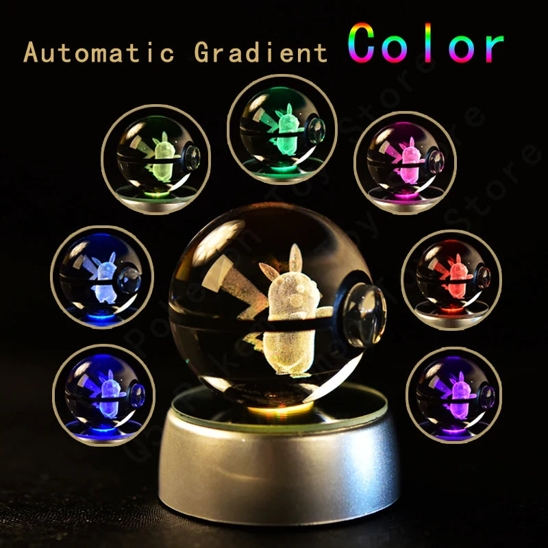 3D Pokemon Crystal Ball 5CM Mewtwo Pikachu Gengar Crystal Glass Pokemon Ball Pokeball Figure Night Light LED Lamp Base Gift