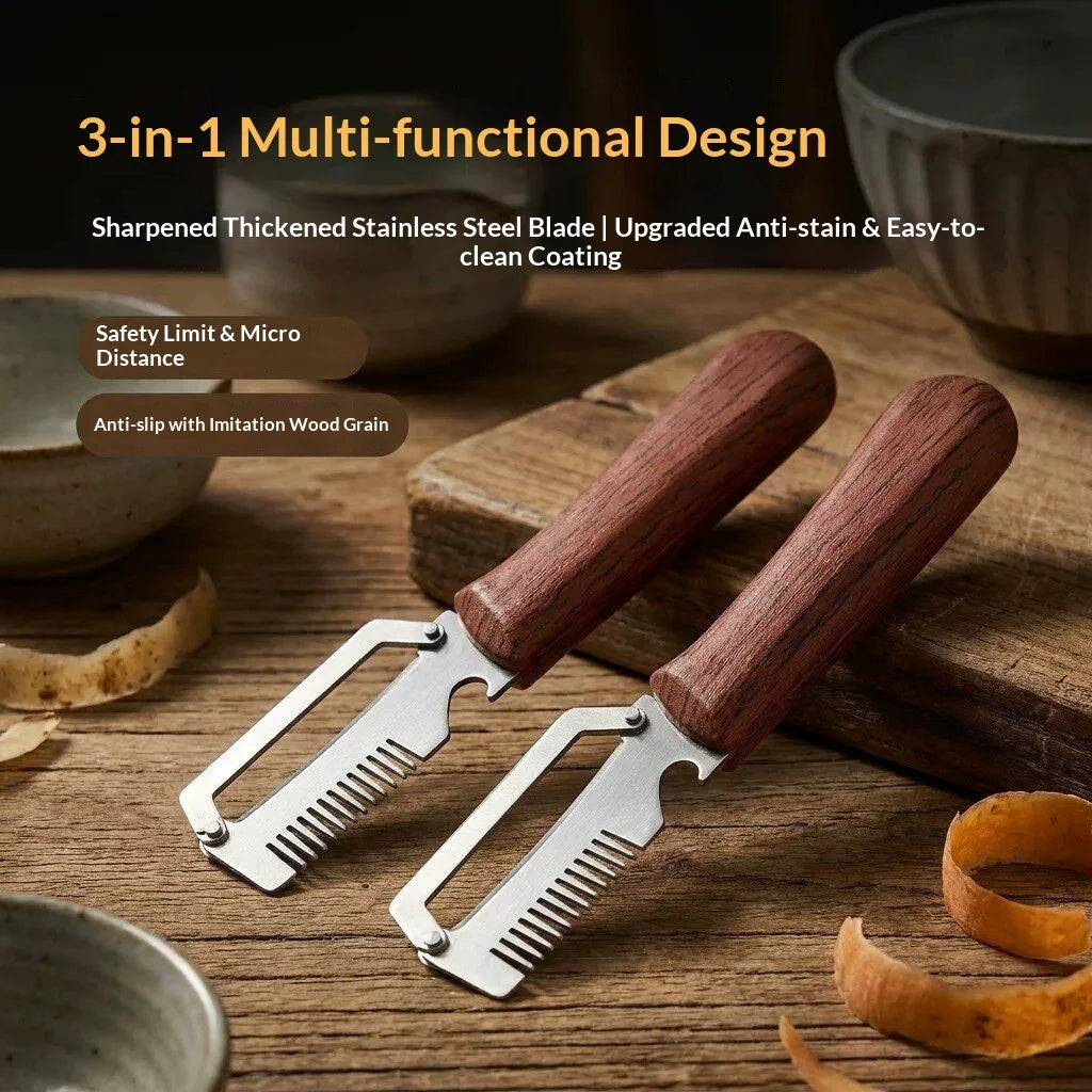 3‑in‑1 Multifunctional Vegetable Peeler Stainless Steel Fruit Slicer Wooden Handle Kitchen Gadget For Potato Onion