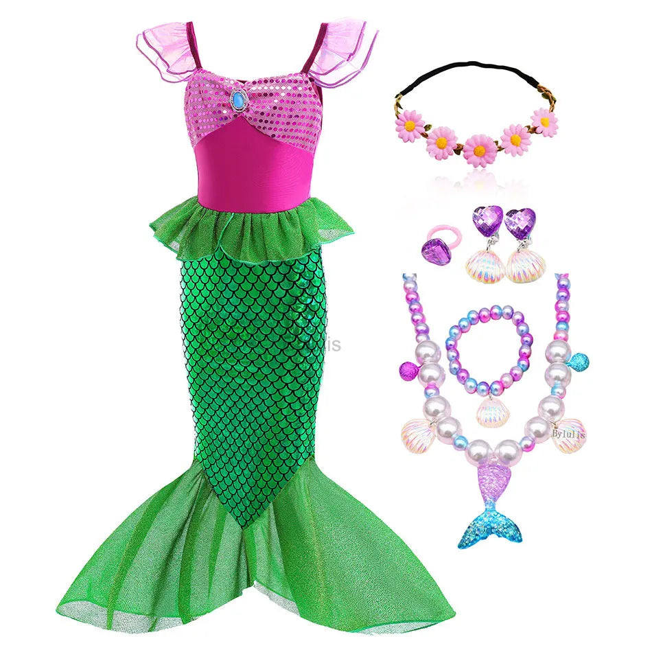 Little Mermaid Ariel Costume Princess Dress for Girls Short Sleeve Tulle Cosplay Halloween Carnival Birthday Party Clothes