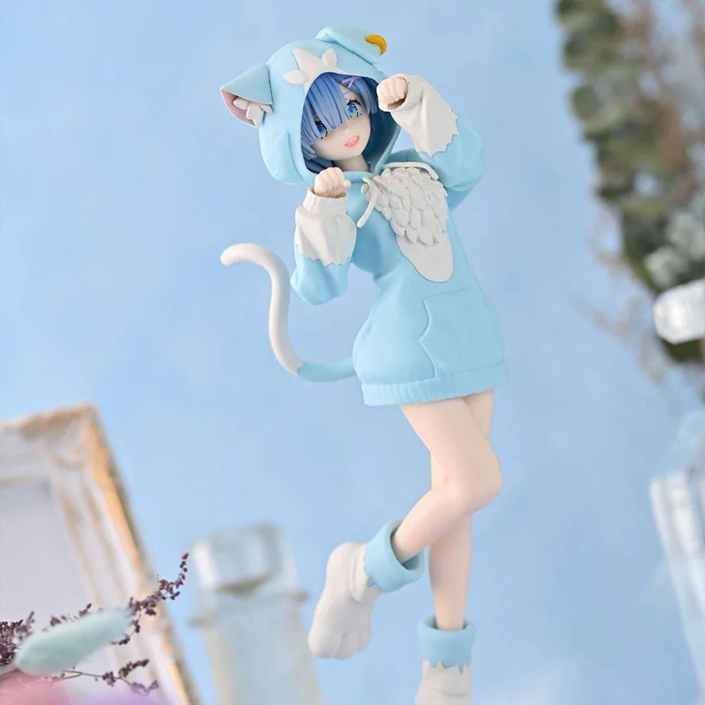 22CM Anime Remu Figure Rem Ram Cute Standing Pose Cat Ears Dresses Action Figure PVC Model Ramu Figurine Home Collection Gifts
