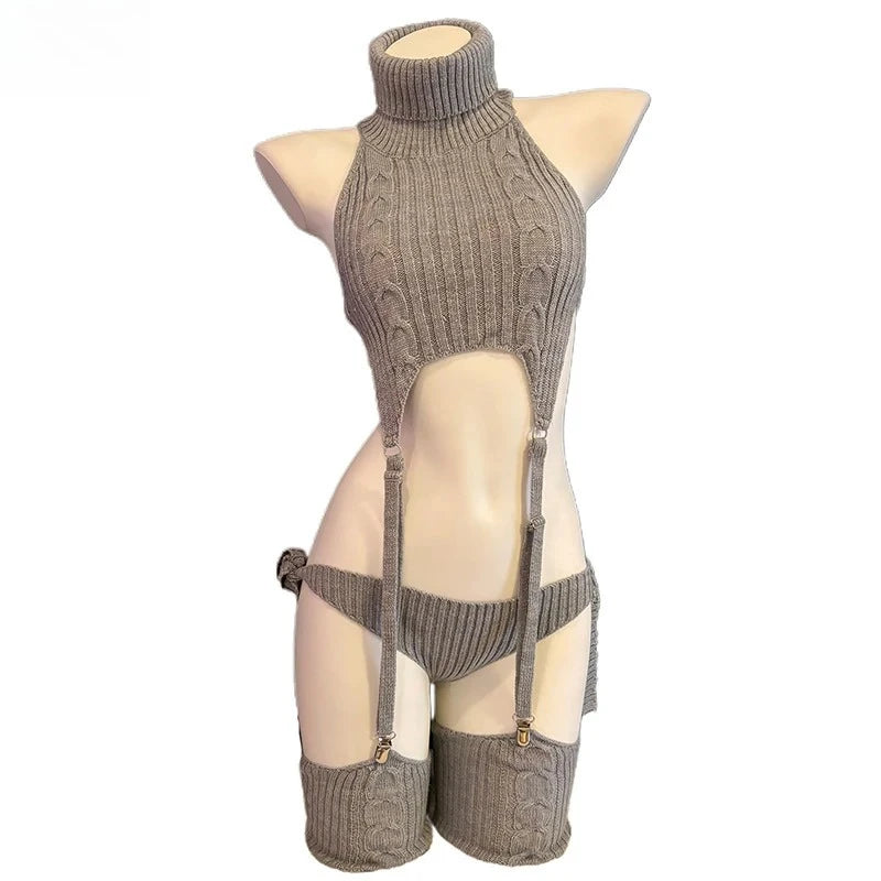 Cosplay Costume Anime Girl Turtleneck Knit Halter Dress Uniform Bodysuit Outfit Sweater Cat Backless Gray Black White Garter