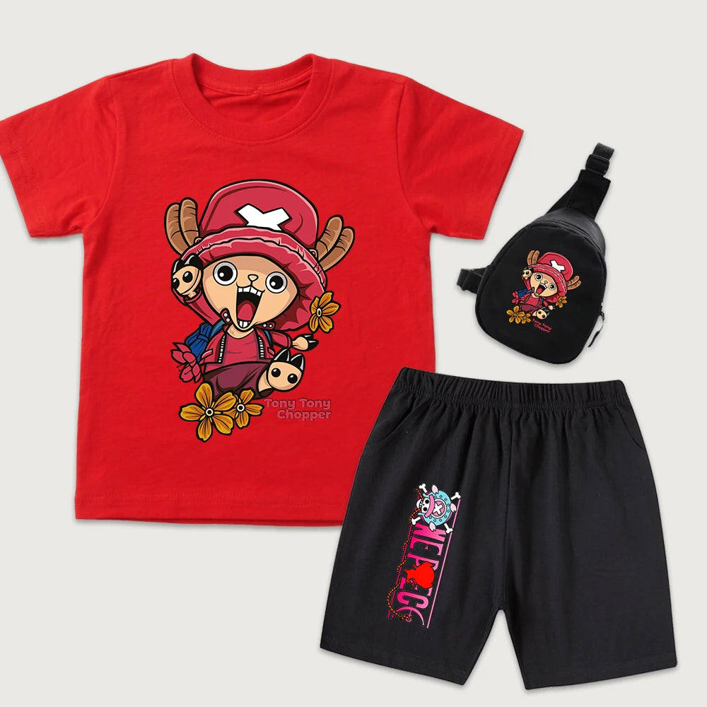 One Piece Chopper Anime Print Kids Cotton T Shirt Shorts Mini Chest Bag 3 Piece Set Boys Girls Casual Outfit