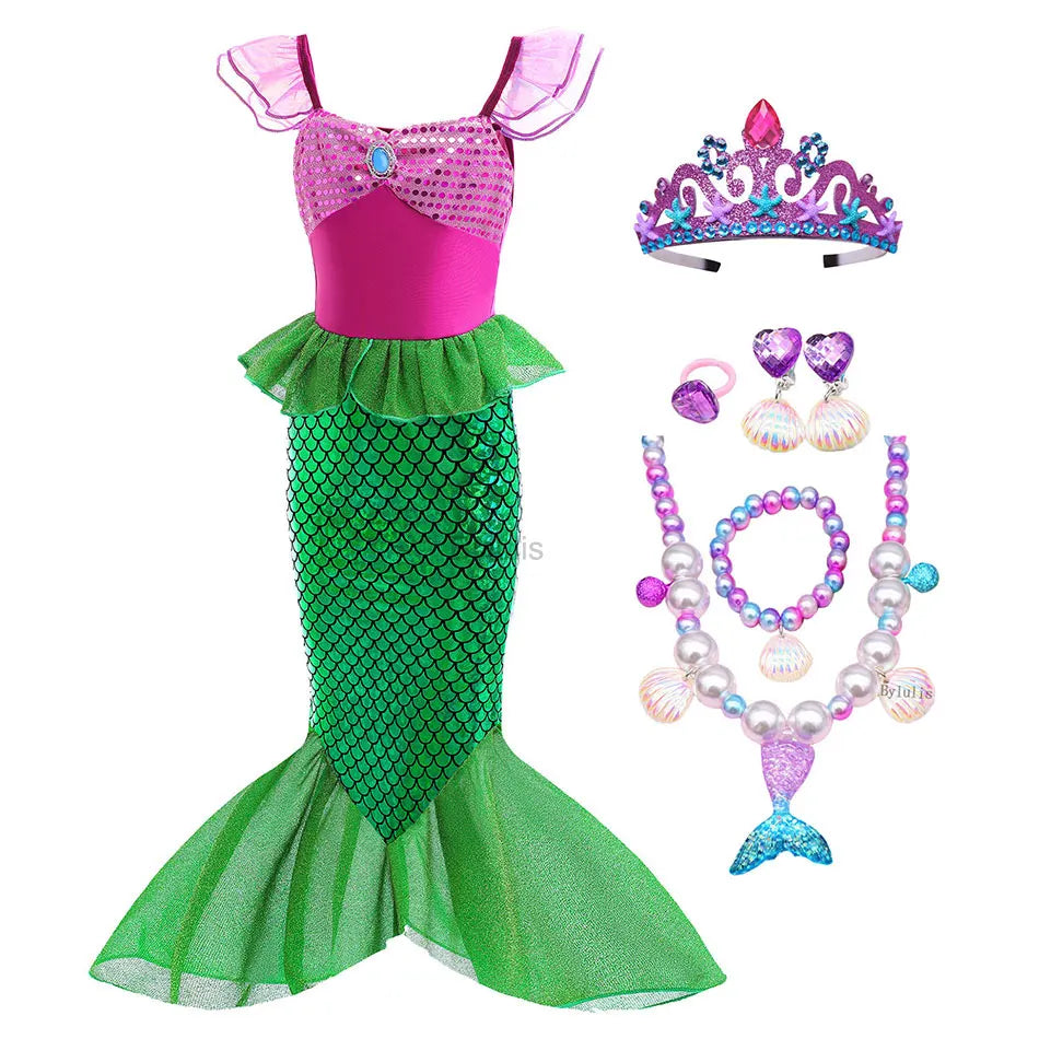 Little Mermaid Ariel Costume Princess Dress for Girls Short Sleeve Tulle Cosplay Halloween Carnival Birthday Party Clothes