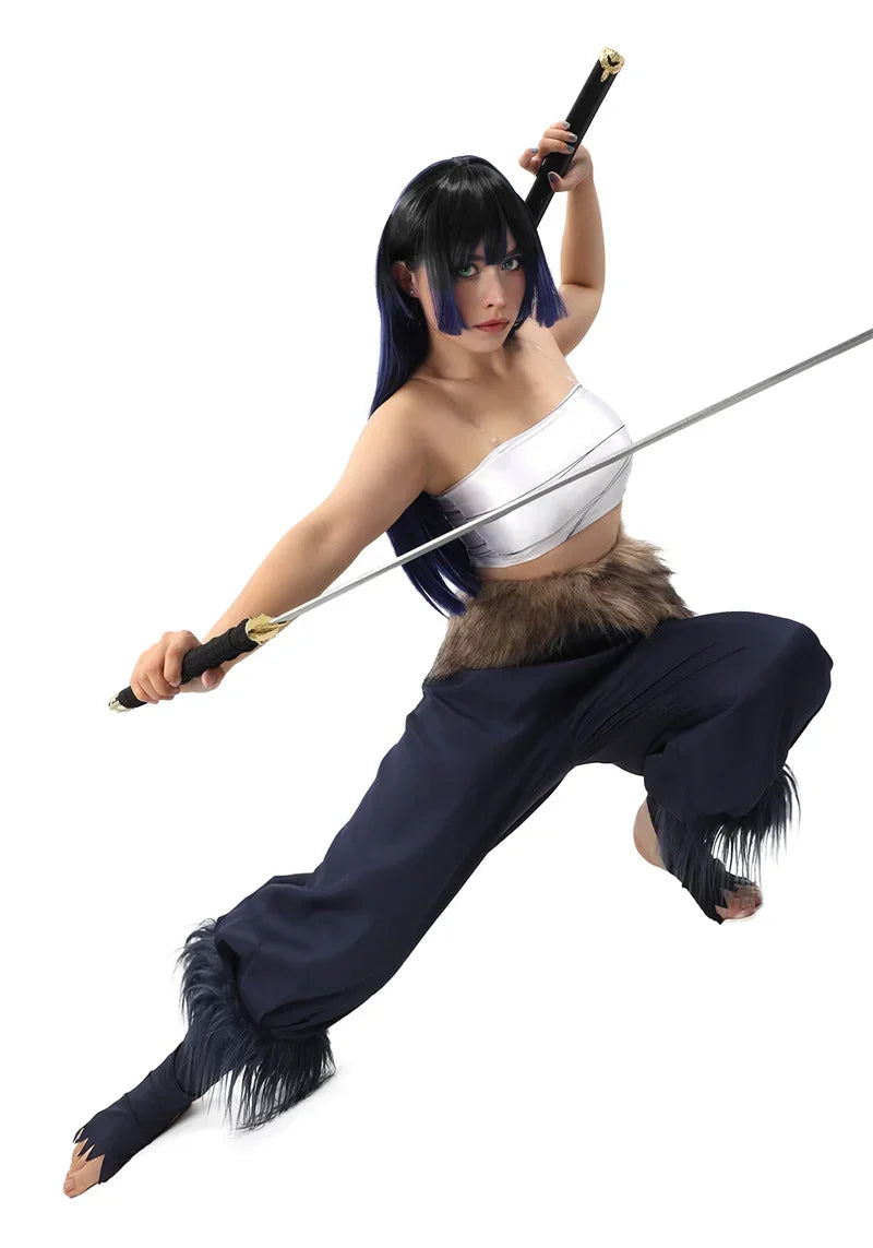Women's Hashibira Inosuke Cosplay Costume Tops Pants Fake Fur Apron and Fake Fur Leg Accessory for Halloween