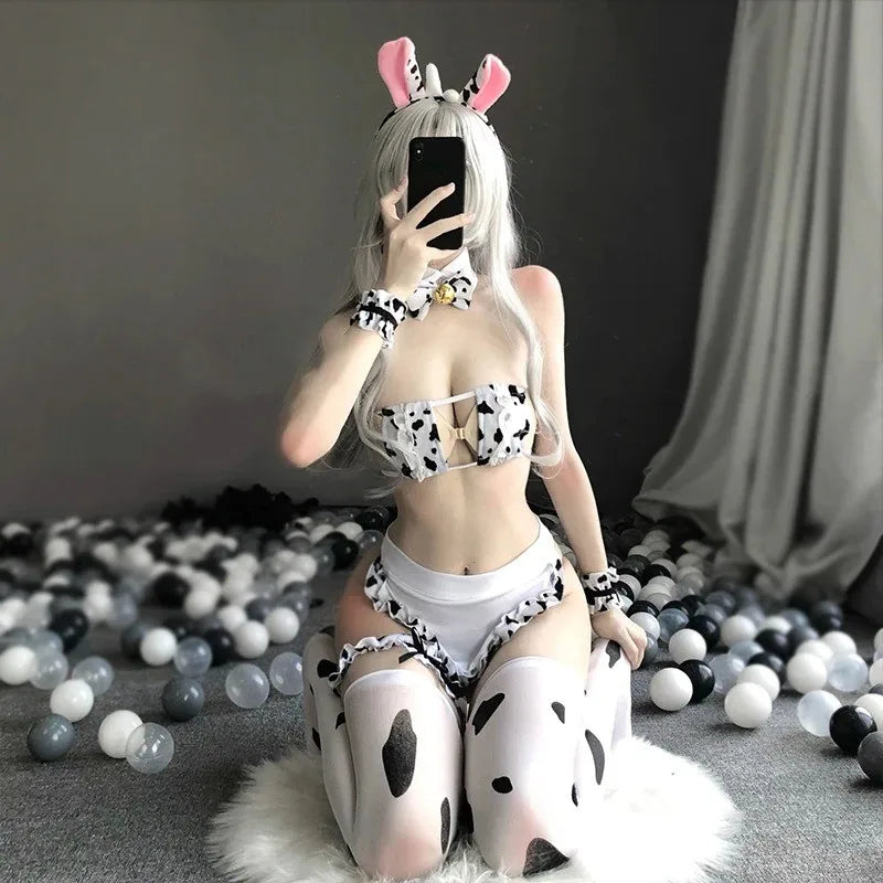 Anime Cos Cow Printed Cosplay Costume Maid Outfits Women Sexy Lingerie Lolita Bra and Panty with Apron Stockings Set