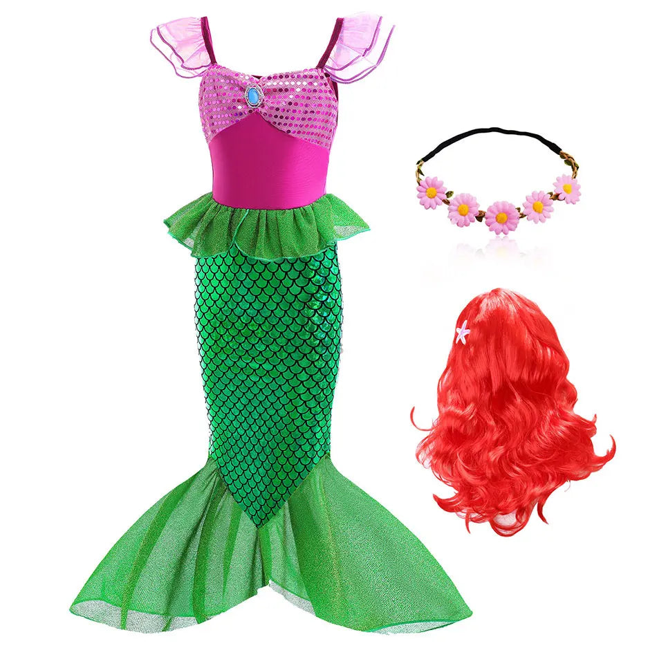 Little Mermaid Ariel Costume Princess Dress for Girls Short Sleeve Tulle Cosplay Halloween Carnival Birthday Party Clothes