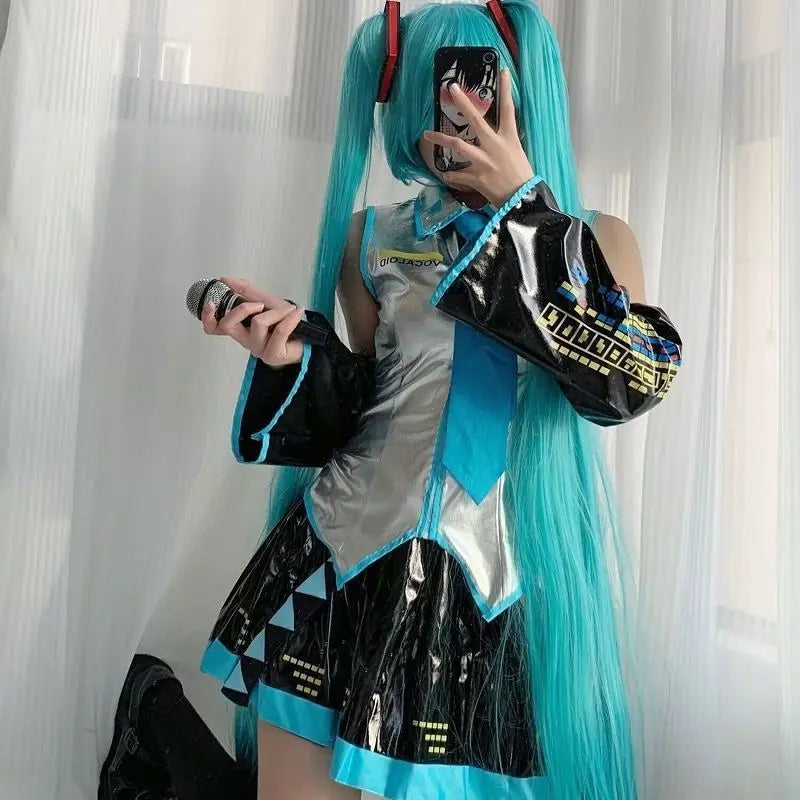 Miku VOCALOID Cosplay Costume - Silver Patent Leather Dress with Blue Tie & Black Bell Sleeves, Anime Halloween