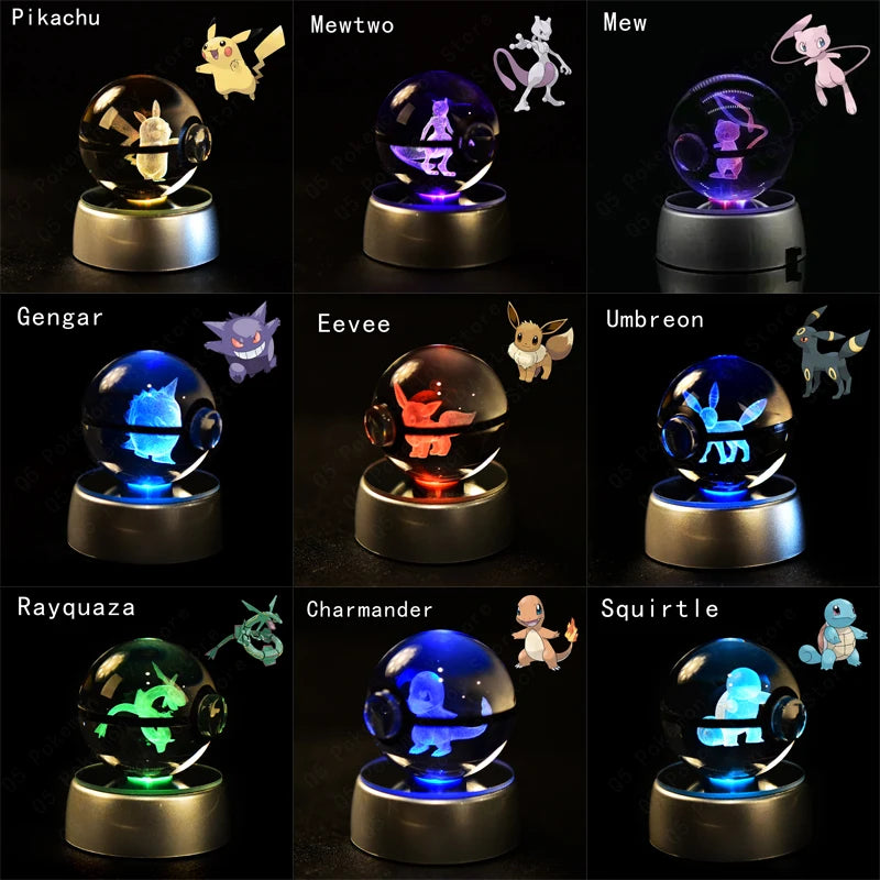 3D Pokemon Crystal Ball 5CM Mewtwo Pikachu Gengar Crystal Glass Pokemon Ball Pokeball Figure Night Light LED Lamp Base Gift